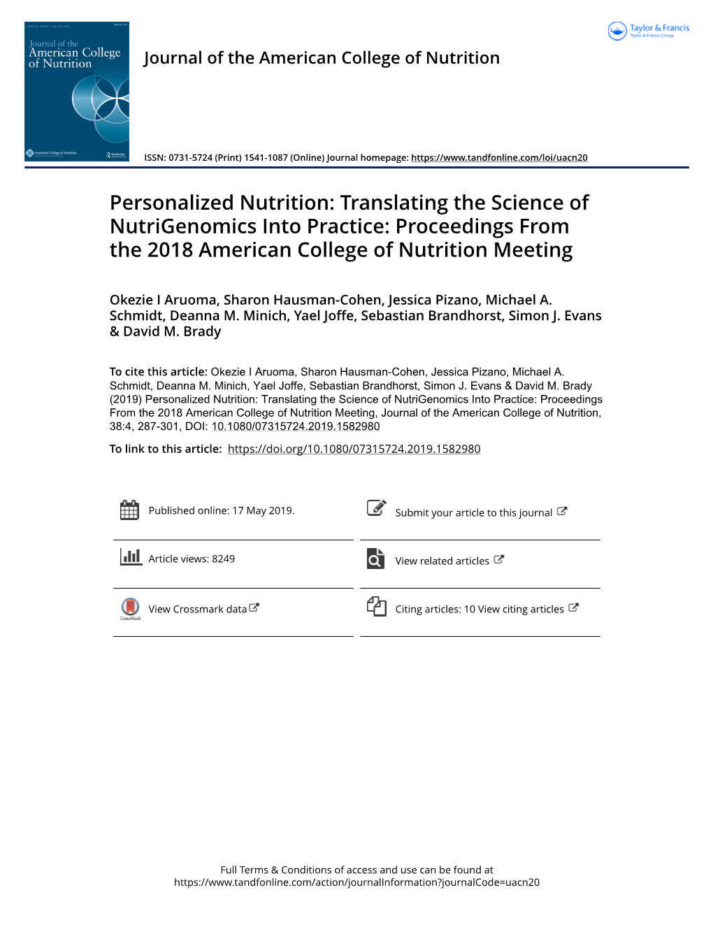 Personalized Nutrition: Translating the Science of Nutrigenomics Into Practice: Proceedings from the 2018 American College of Nutrition Meeting