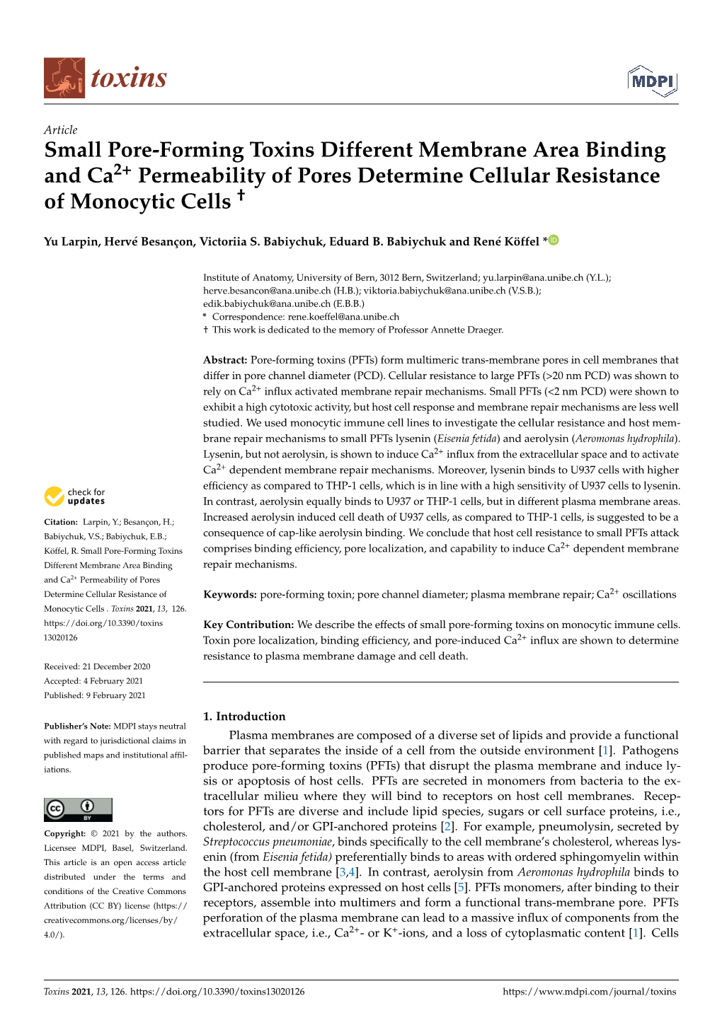 Small Pore-Forming Toxins Different Membrane Area Binding and Ca2+ Permeability of Pores Determine Cellular Resistance of Monocytic Cells †