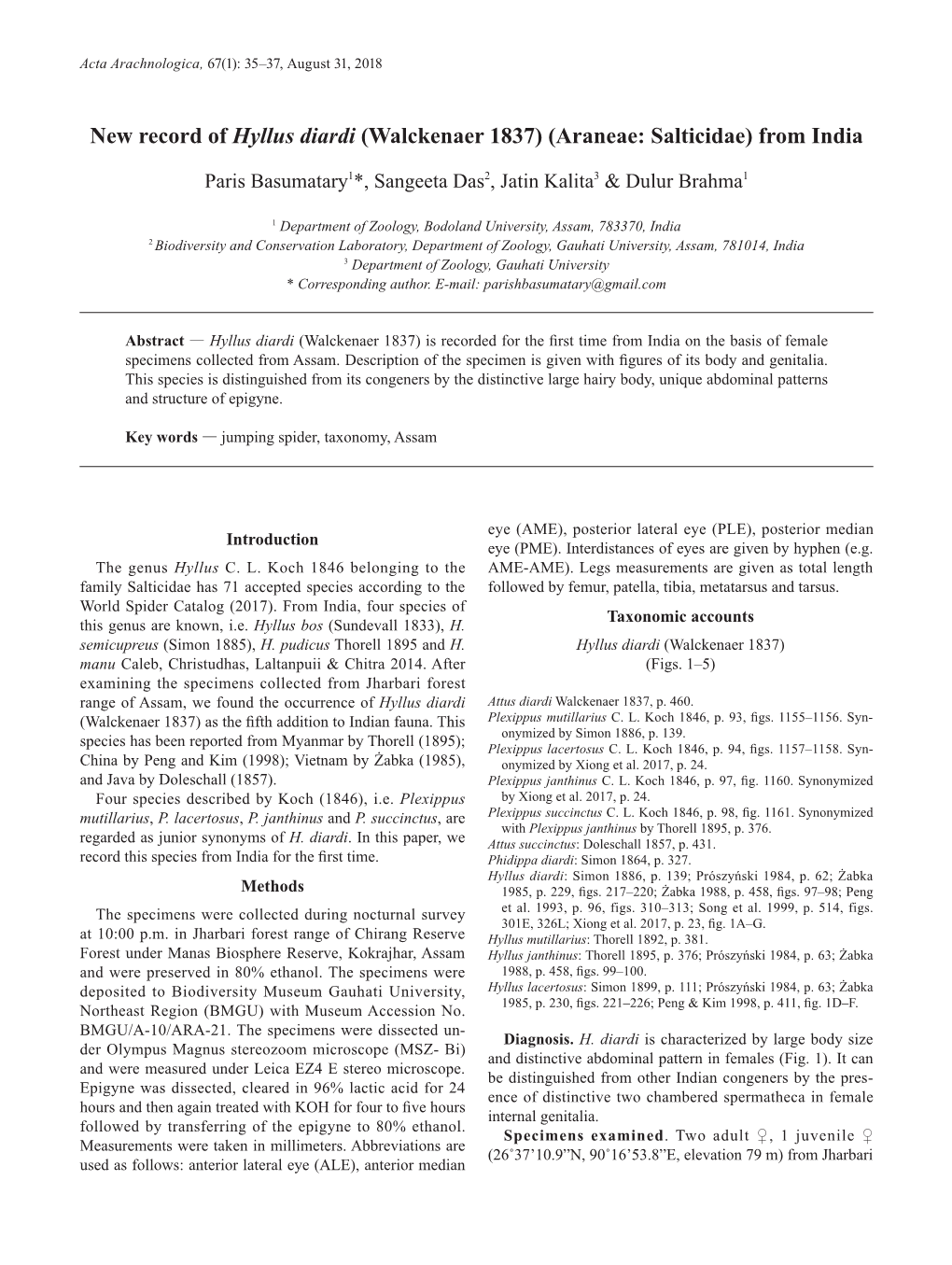 New Record of Hyllus Diardi (Walckenaer 1837) (Araneae: Salticidae) from India