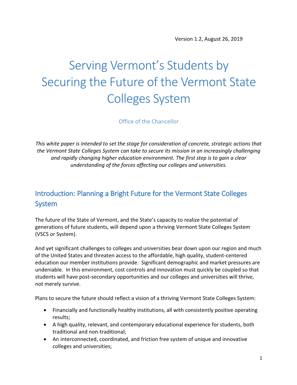 Serving Vermont's Students by Securing the Future of the Vermont