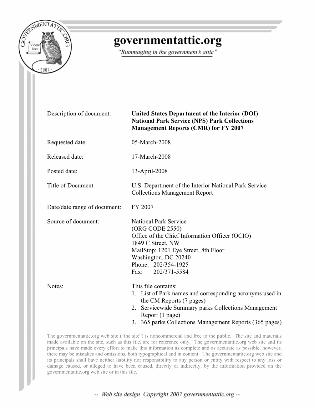 (NPS) Park Collections Management Reports (CMR) for FY 2007