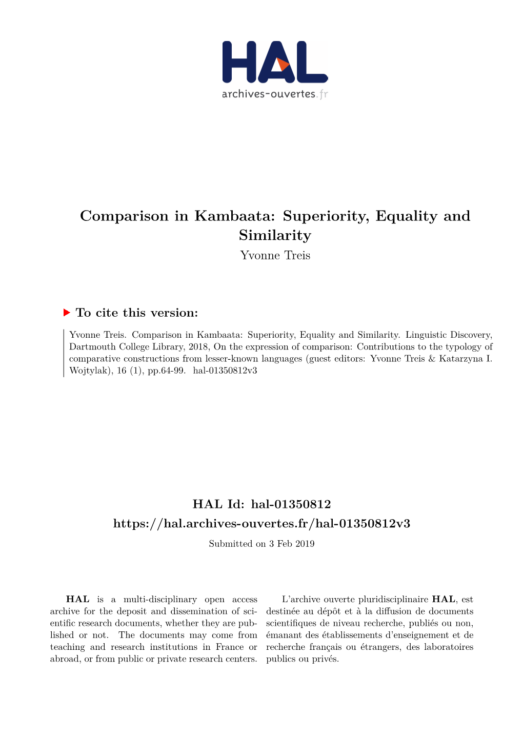 Comparison in Kambaata: Superiority, Equality and Similarity Yvonne Treis