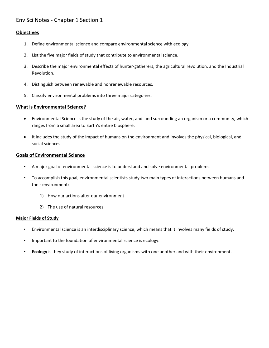 Env Sci Notes - Chapter 1 Section 1