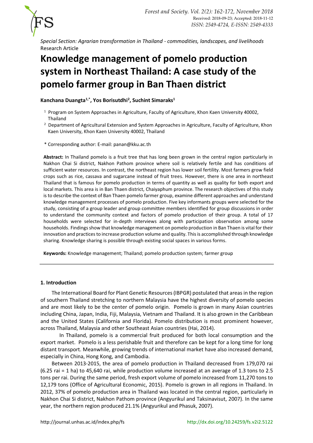 Knowledge Management of Pomelo Production System in Northeast Thailand: a Case Study of the Pomelo Farmer Group in Ban Thaen District