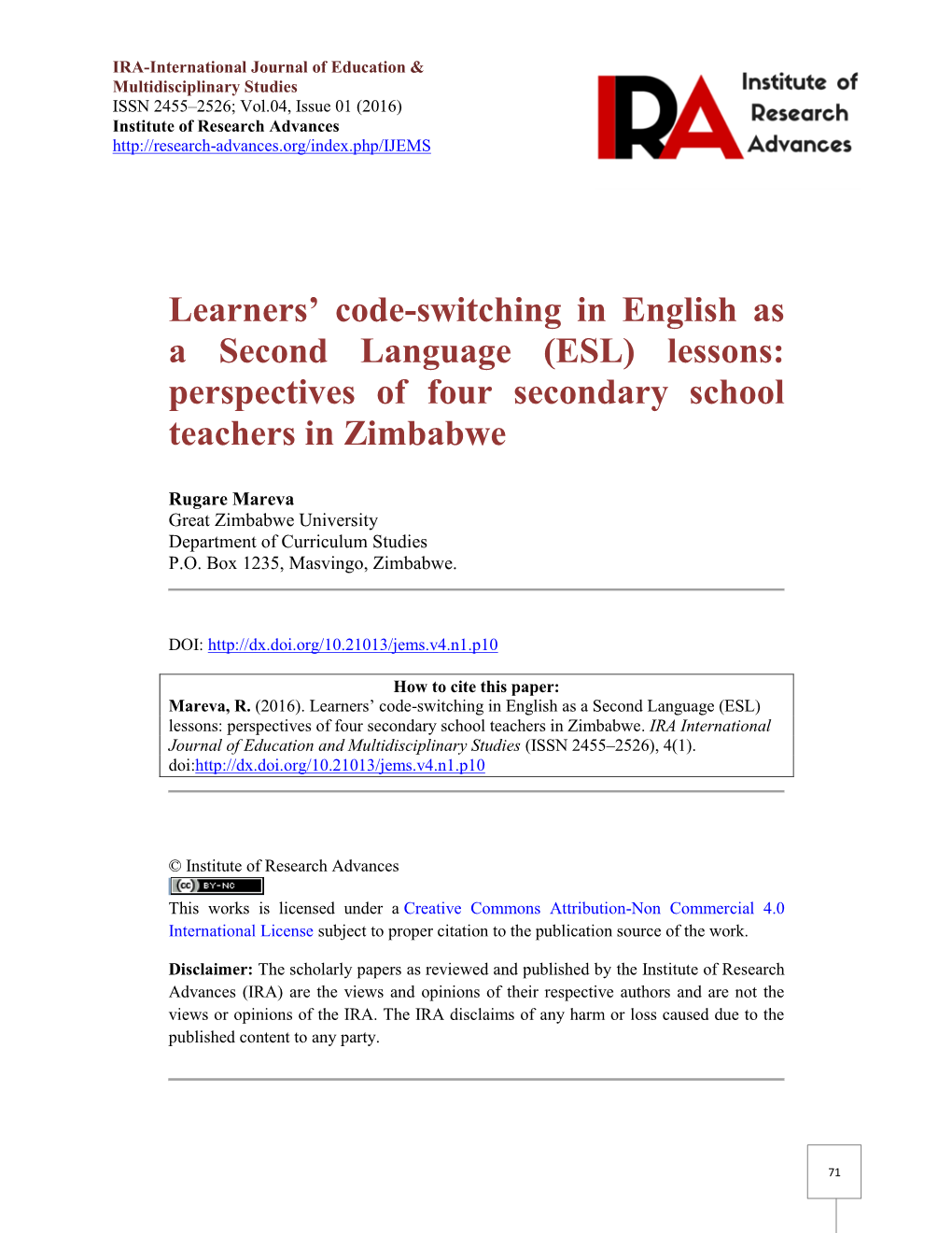 Learners' Code-Switching in English As a Second Language