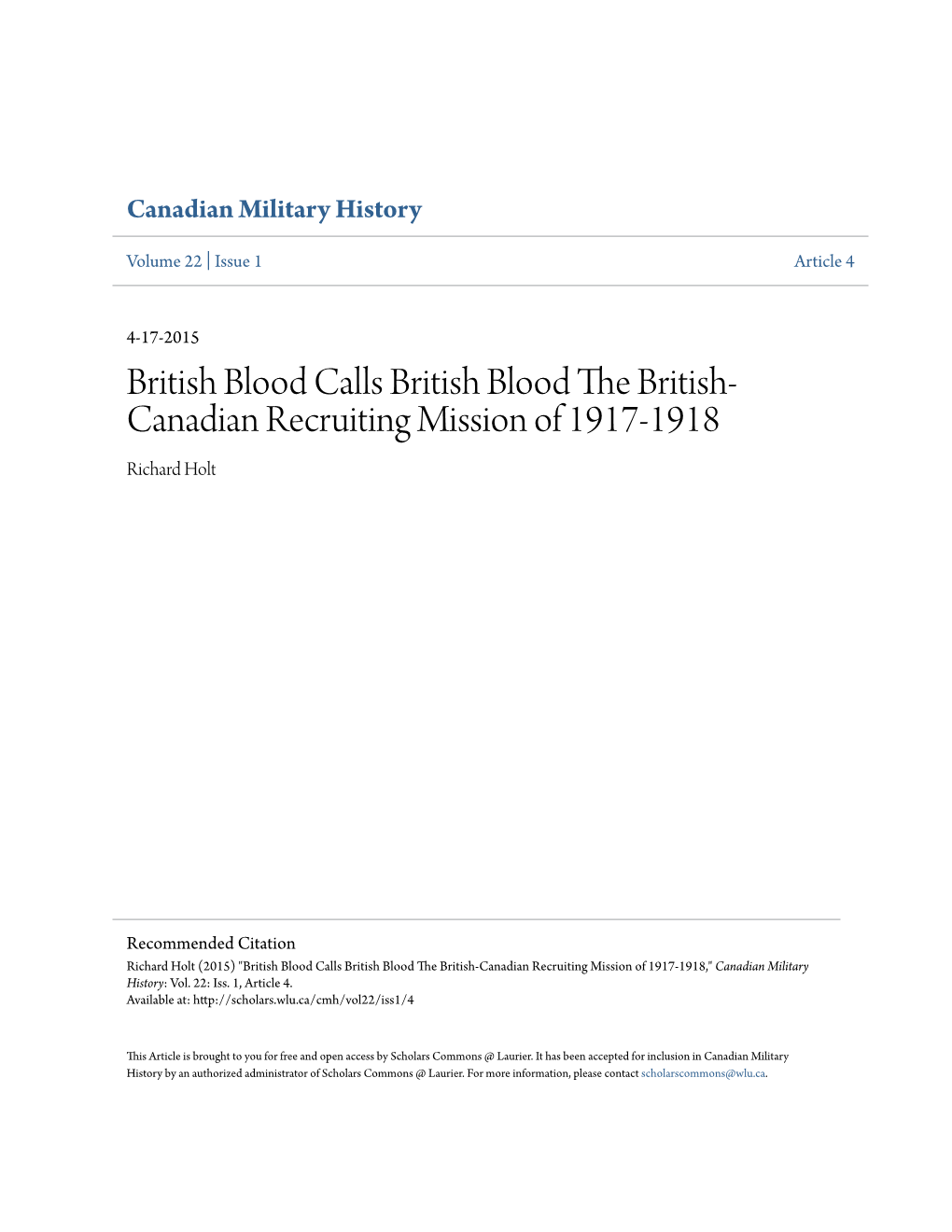 British Blood Calls British Blood the British-Canadian Recruiting Mission of 1917-1918 Canadian War Museum 19750157-001 Canadian War