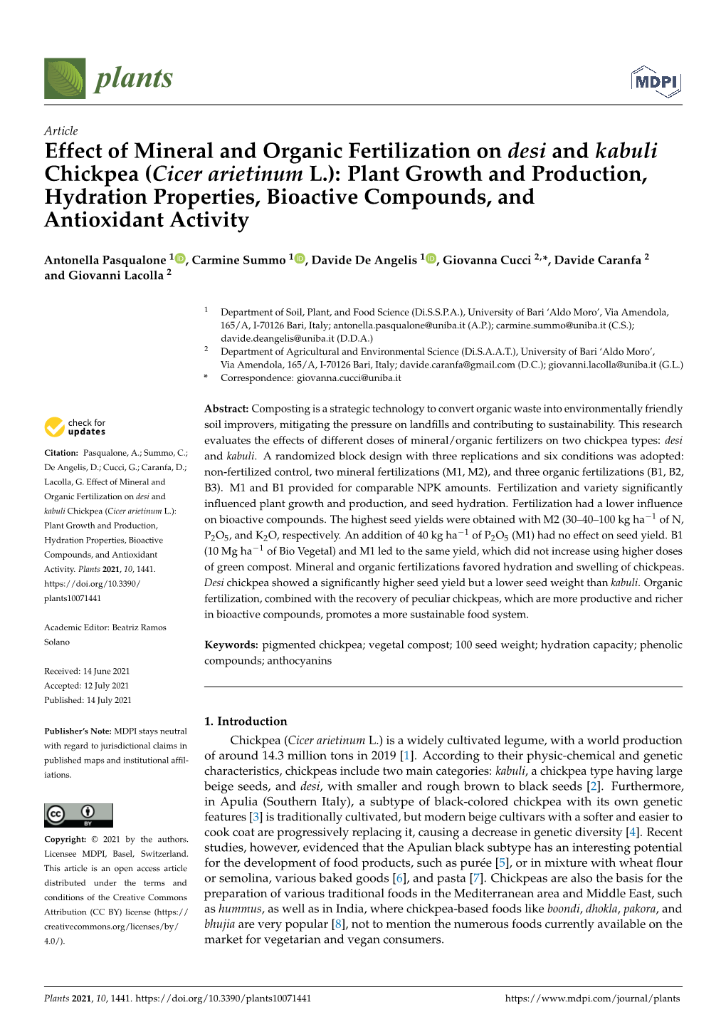 (Cicer Arietinum L.): Plant Growth and Production, Hydration Properties, Bioactive Compounds, and Antioxidant Activity