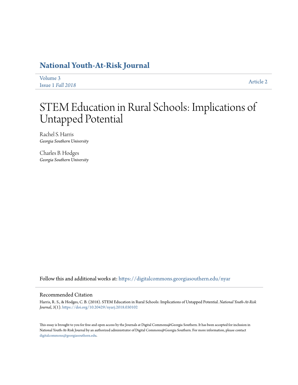 STEM Education in Rural Schools: Implications of Untapped Potential Rachel S