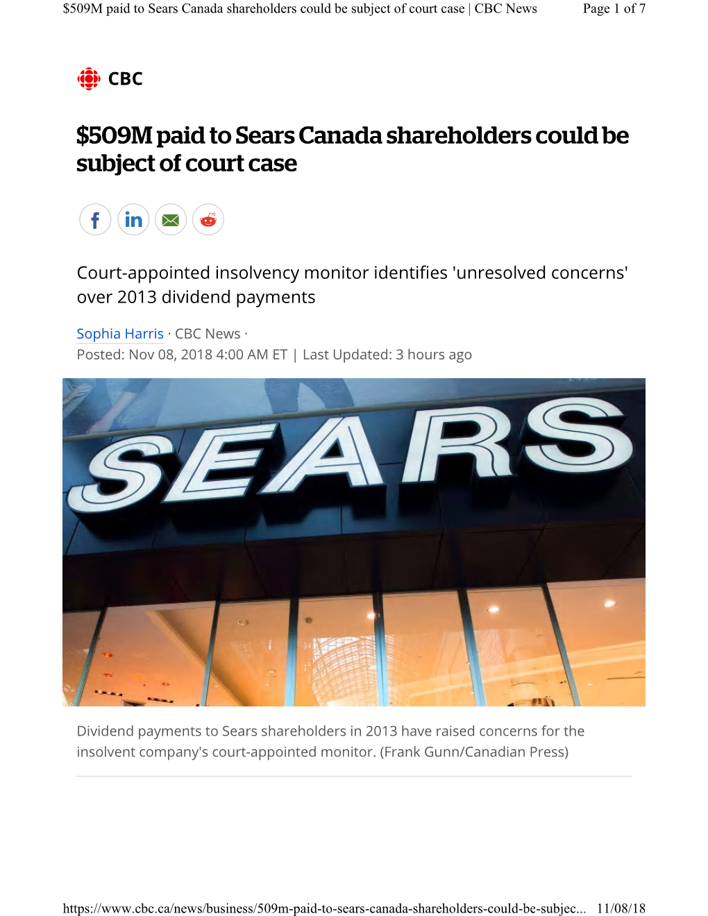 509M Paid to Sears Canada Shareholders Could Be Subject of Court Case | CBC News Page 1 of 7