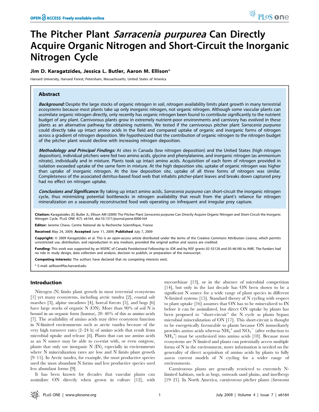 The Pitcher Plant Sarracenia Purpurea Can Directly Acquire Organic Nitrogen and Short-Circuit the Inorganic Nitrogen Cycle