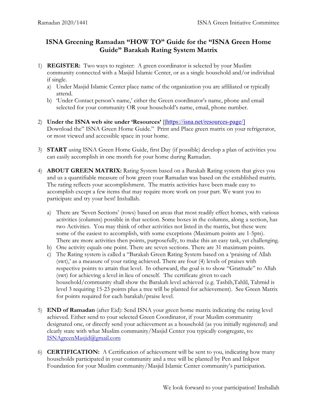 “ISNA Green Home Guide” Barakah Rating System Matrix