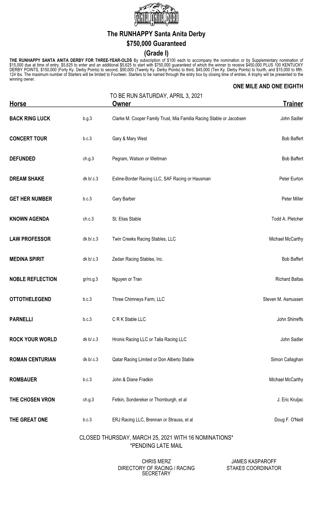 The RUNHAPPY Santa Anita Derby $750000