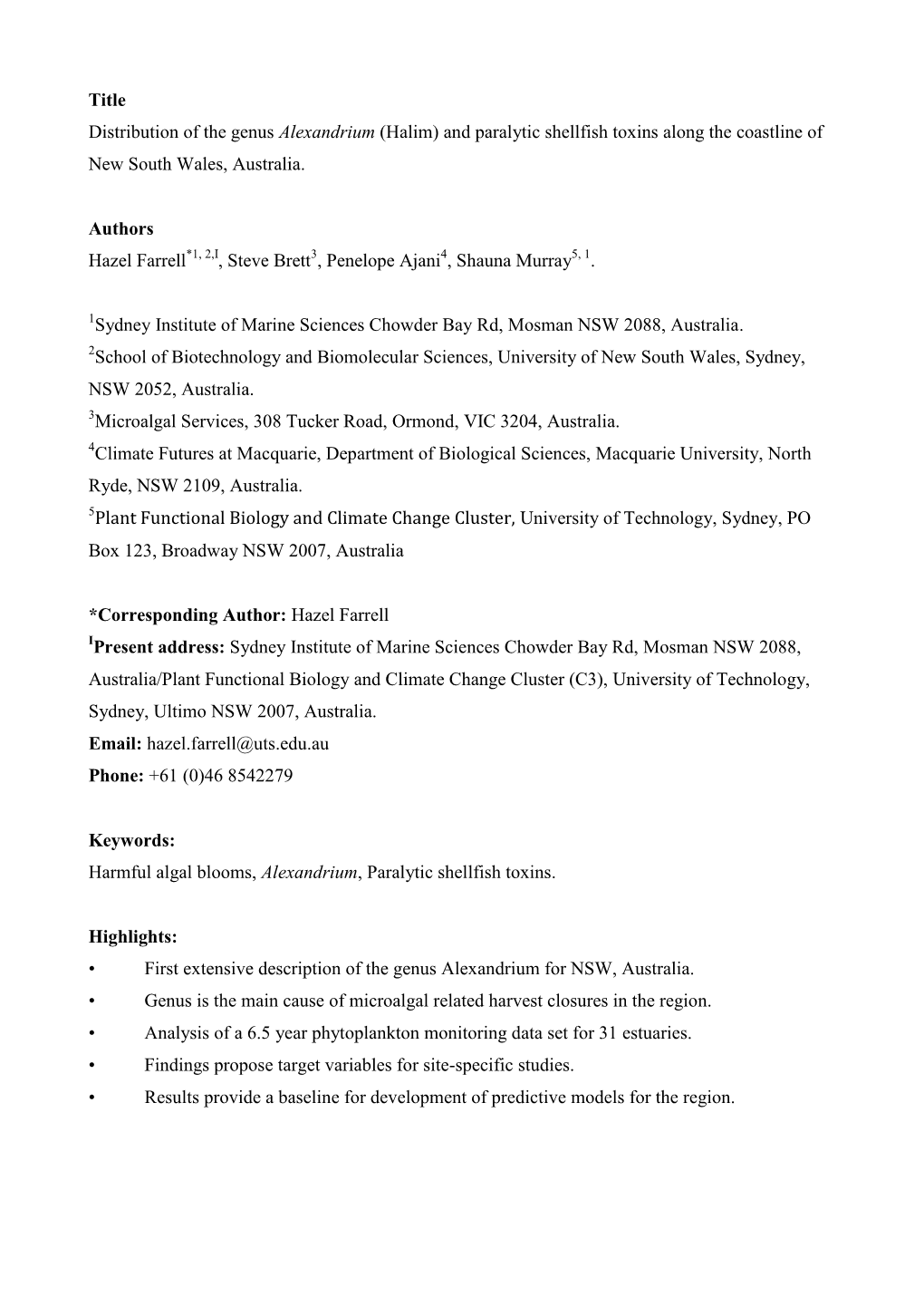 Title Distribution of the Genus Alexandrium (Halim) and Paralytic Shellfish Toxins Along the Coastline of New South Wales, Australia