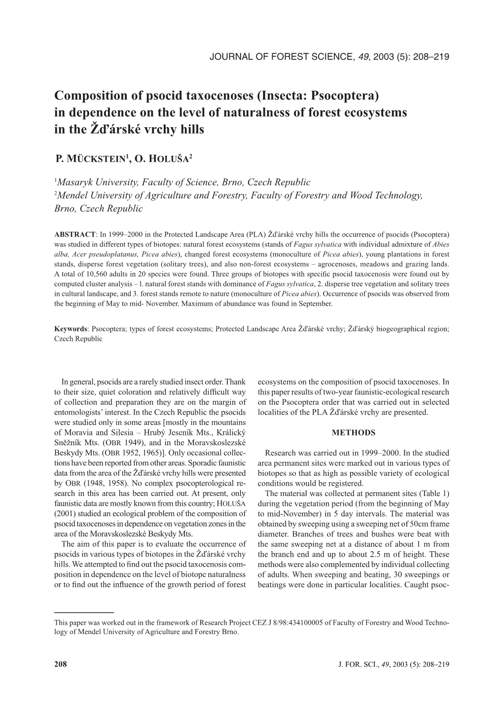 Insecta: Psocoptera) in Dependence on the Level of Naturalness of Forest Ecosystems in the Žďárské Vrchy Hills