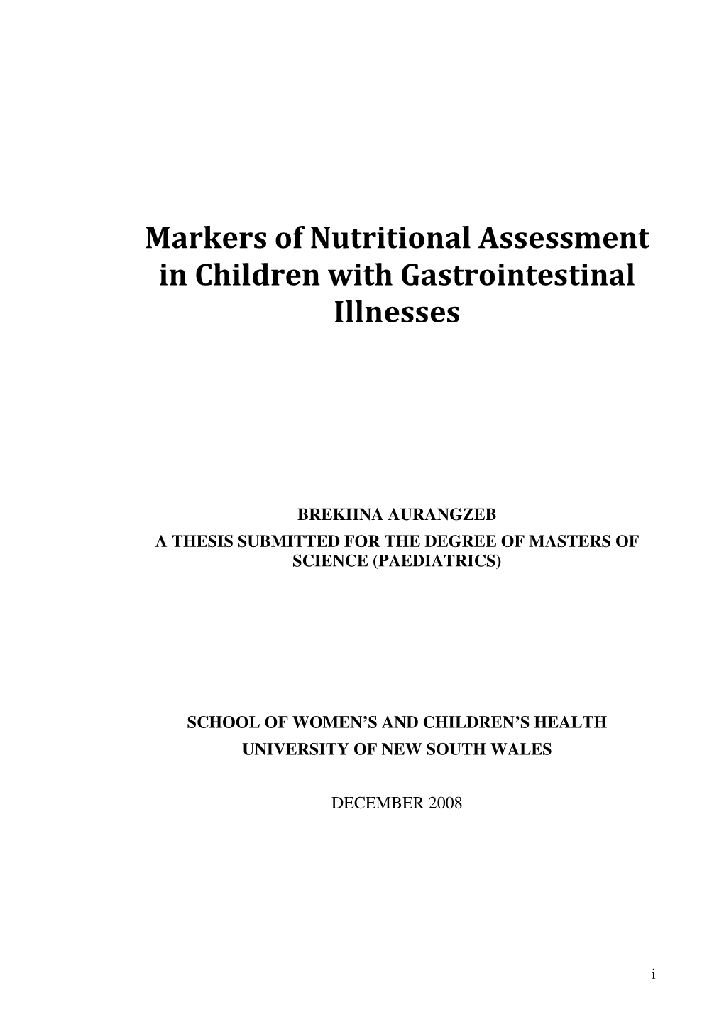 Markers of Nutritional Assessment in Children with Gastrointestinal Illnesses