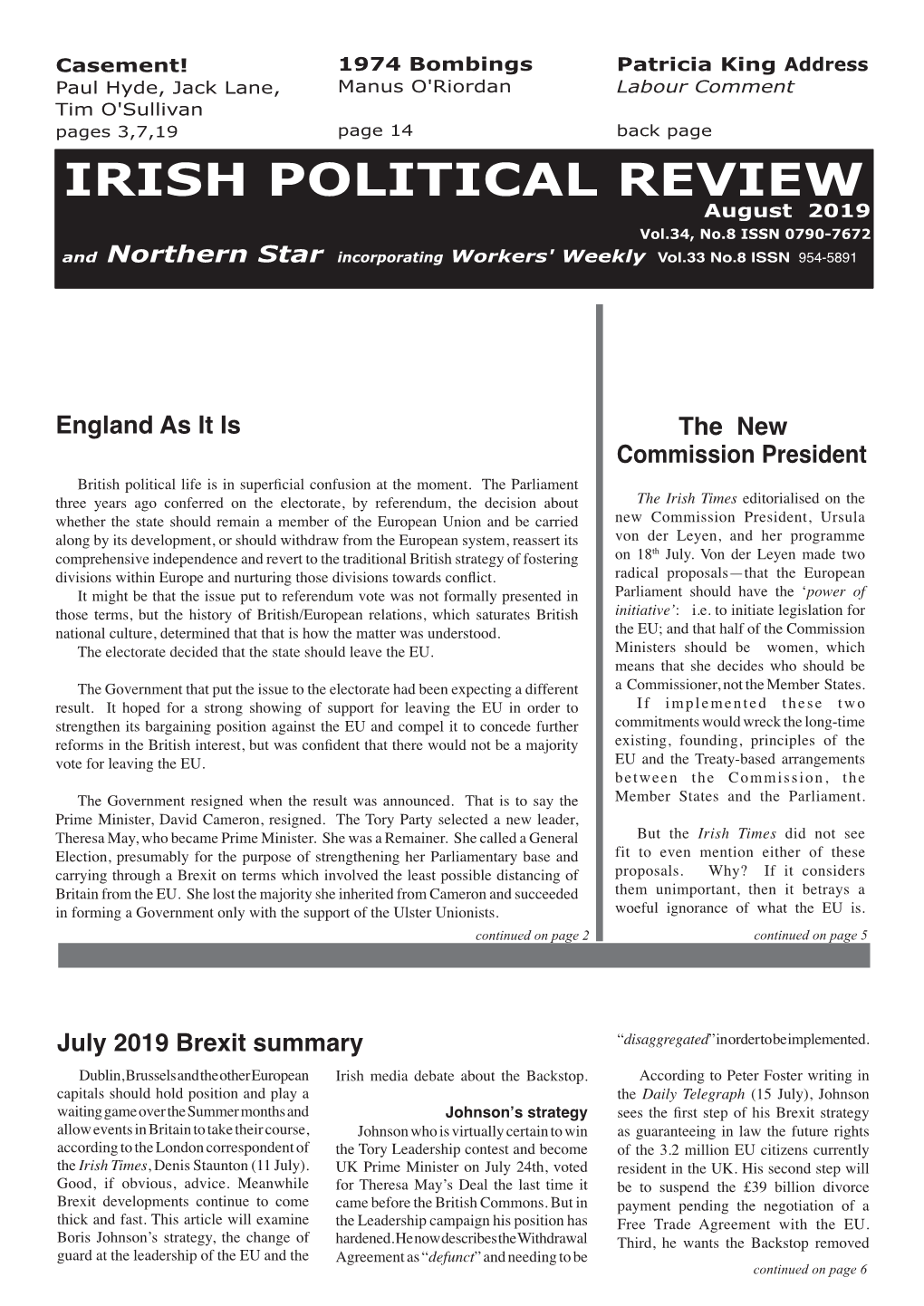 IRISH POLITICAL REVIEW August 2019 Vol.34, No.8 ISSN 0790-7672 and Northern Star Incorporating Workers' Weekly Vol.33 No.8 ISSN 954-5891