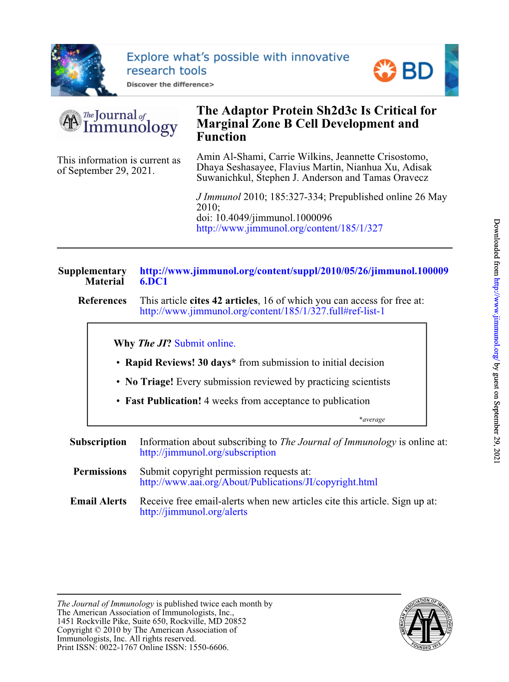 Function Marginal Zone B Cell Development and the Adaptor