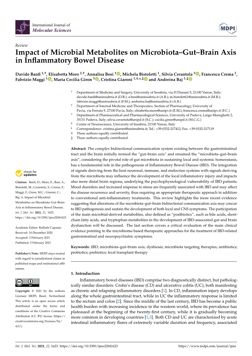 Impact of Microbial Metabolites on Microbiota–Gut–Brain Axis in Inﬂammatory Bowel Disease