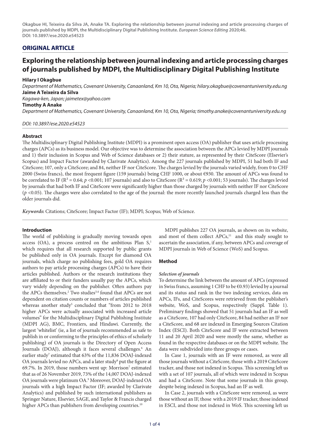 Exploring the Relationship Between Journal Indexing and Article Processing Charges of Journals Published by MDPI, the Multidisciplinary Digital Publishing Institute