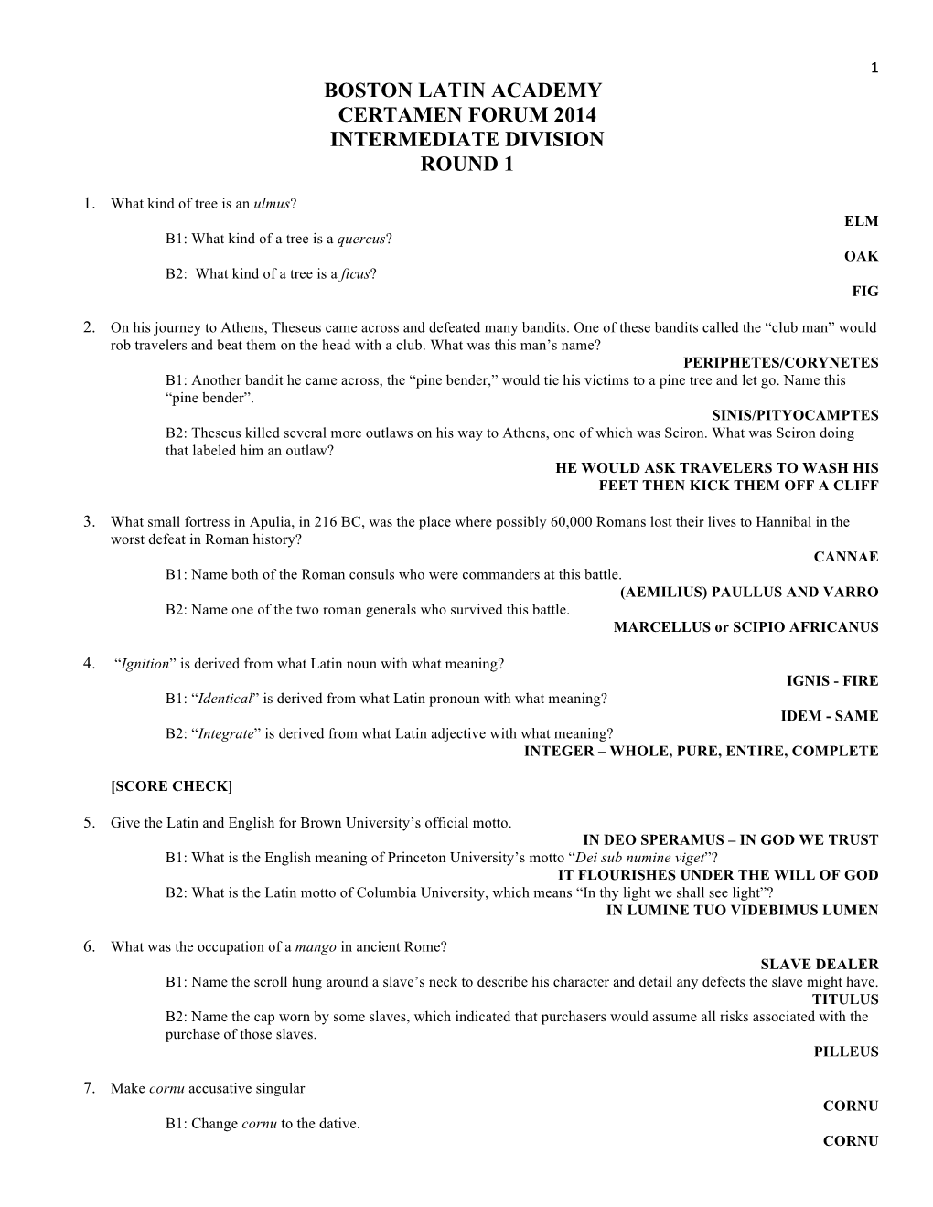 Boston Latin Academy Certamen Forum 2014 Intermediate Division Round 1