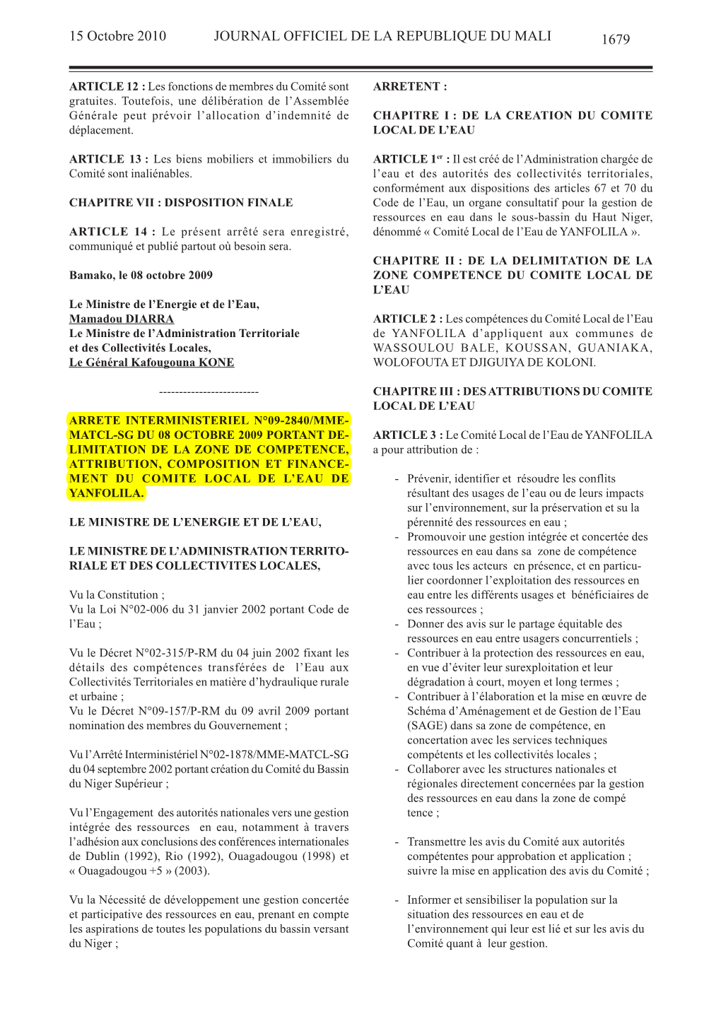 1679 15 Octobre 2010 JOURNAL OFFICIEL DE LA REPUBLIQUE DU