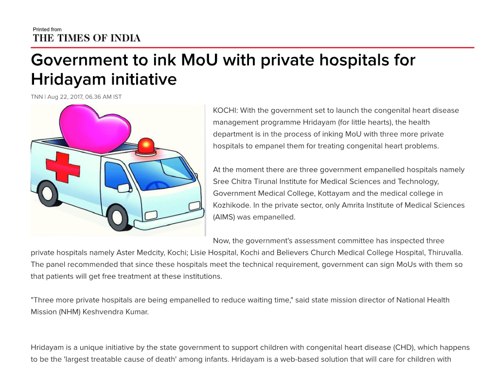 Government to Ink Mou with Private Hospitals for Hridayam Initiative