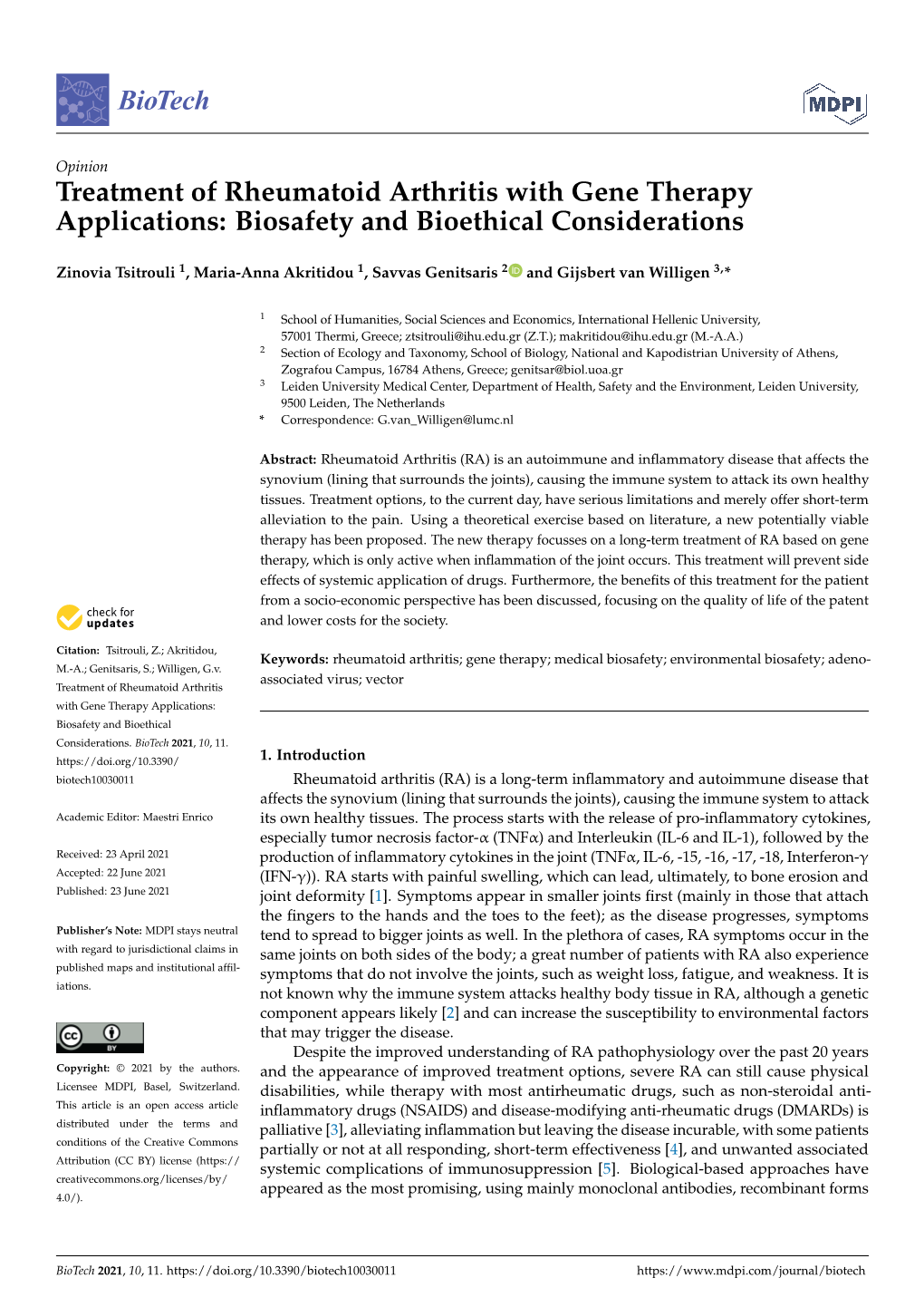 Treatment of Rheumatoid Arthritis with Gene Therapy Applications: Biosafety and Bioethical Considerations