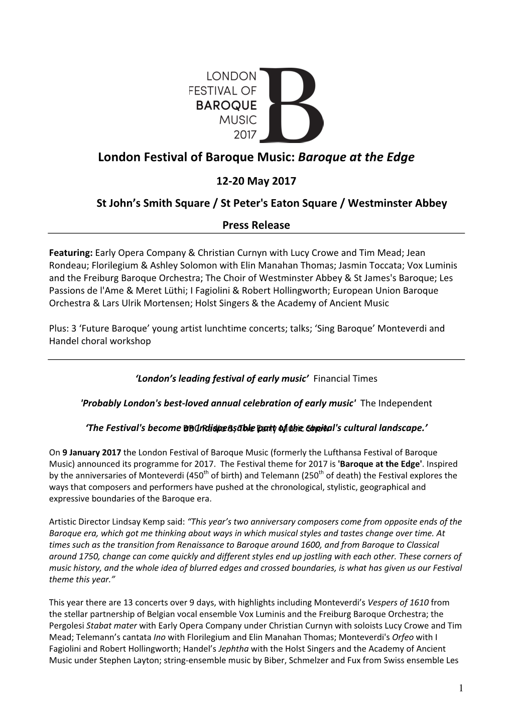 London Festival of Baroque Music: Baroque at the Edge 12-20 May 2017 St John’S Smith Square / St Peter's Eaton Square / Westminster Abbey Press Release