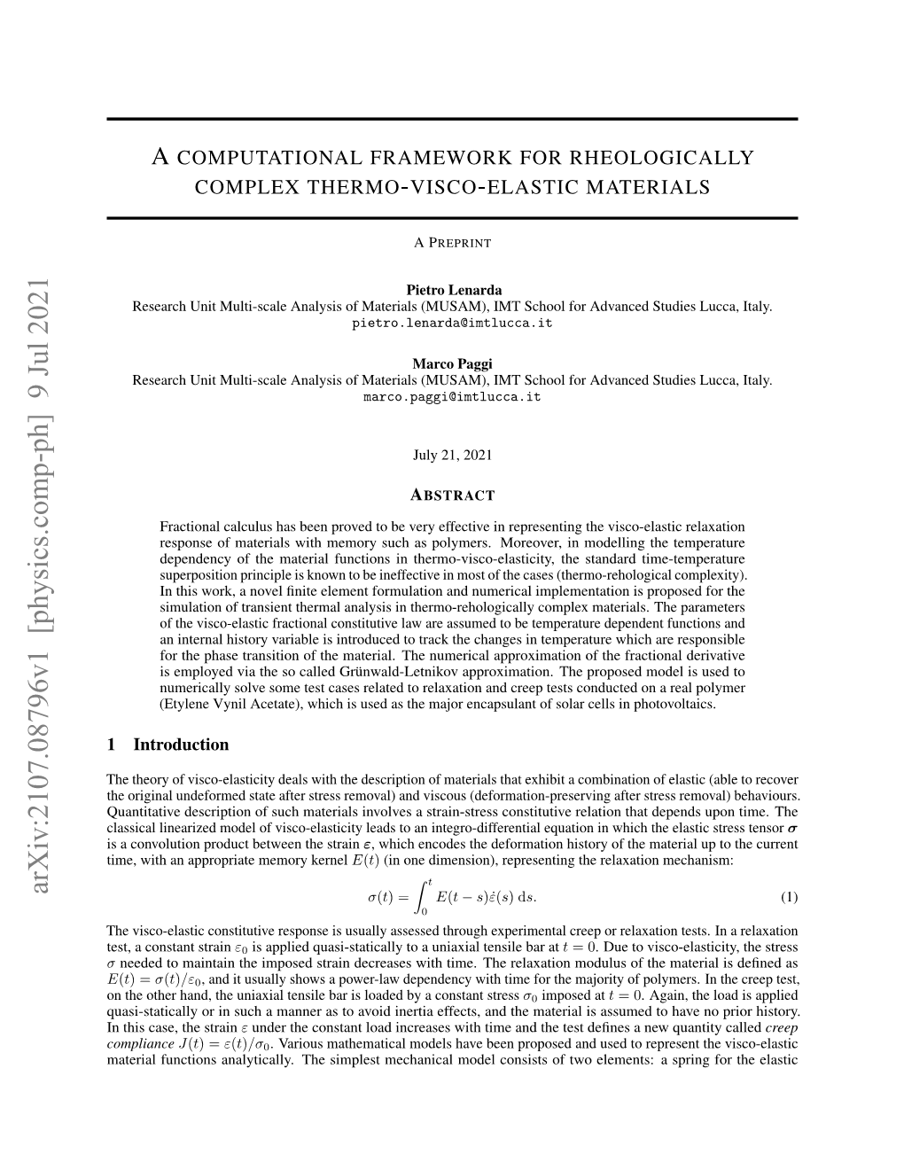 Arxiv:2107.08796V1 [Physics.Comp-Ph] 9 Jul 2021 Σ(T) = E(T − S)Ε ˙(S) Ds