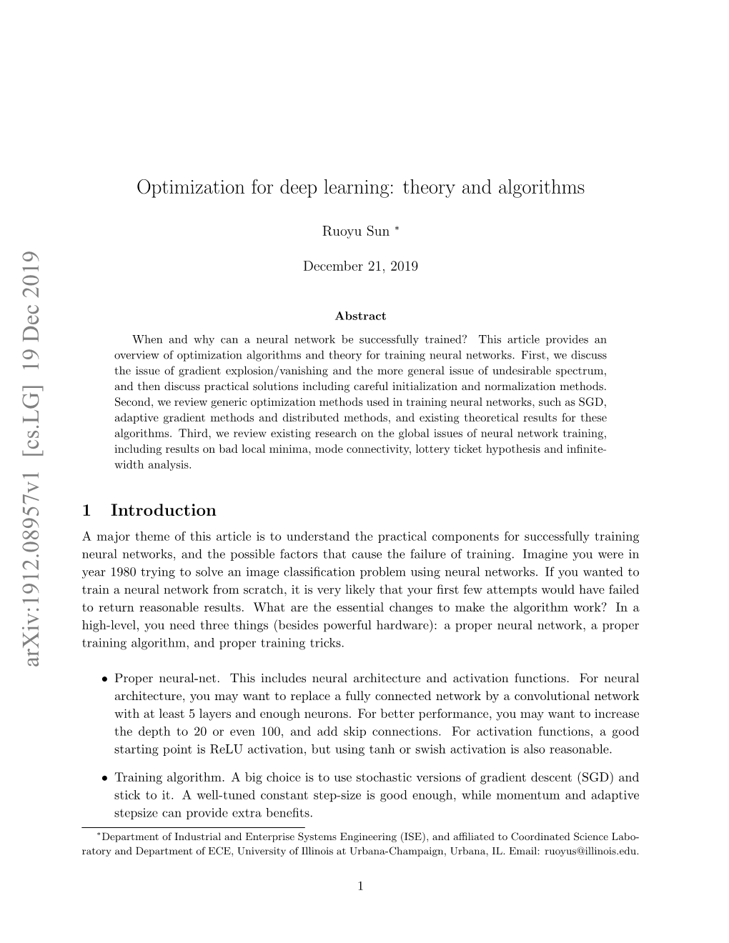 Optimization for Deep Learning: Theory and Algorithms