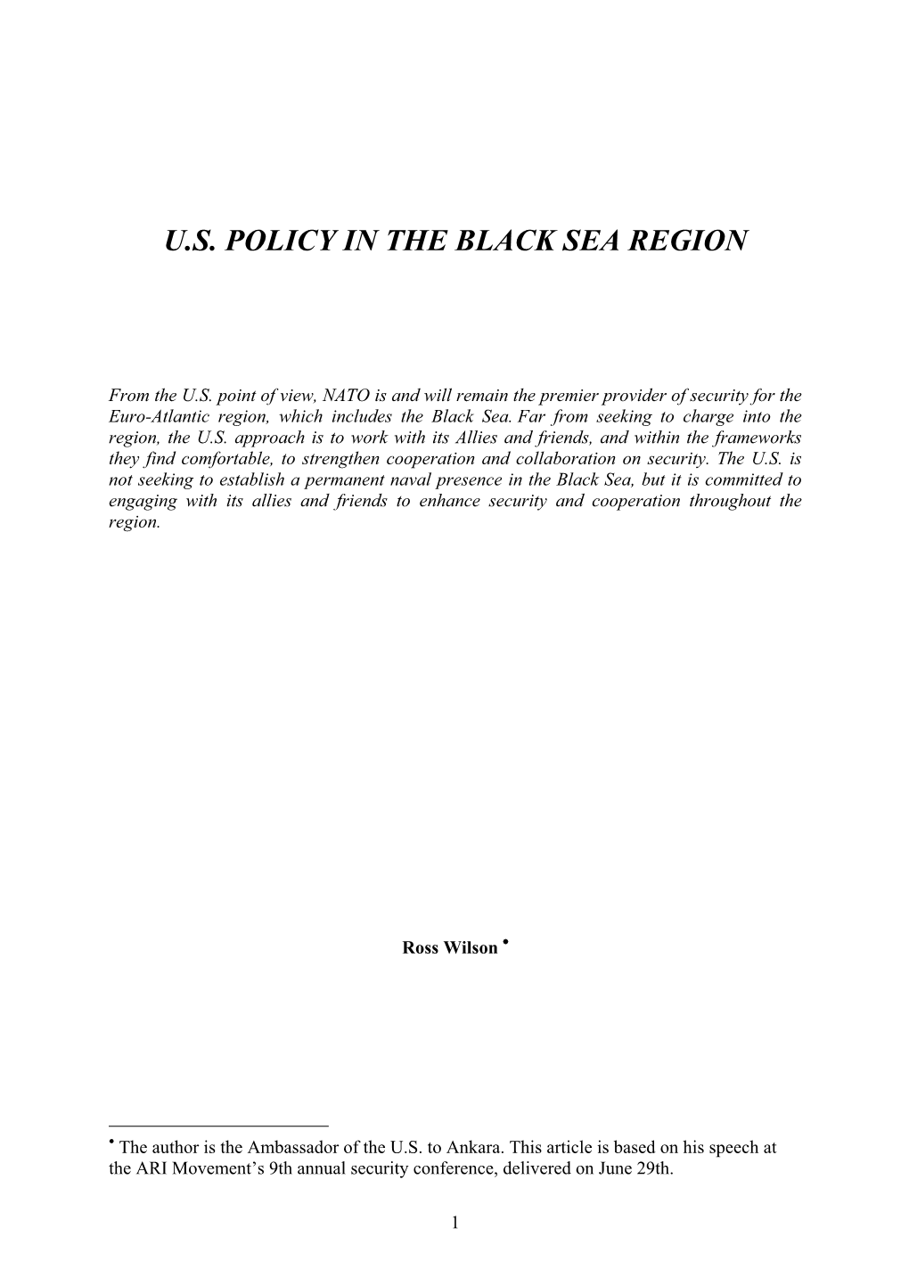 U.S. Policy in the Black Sea Region