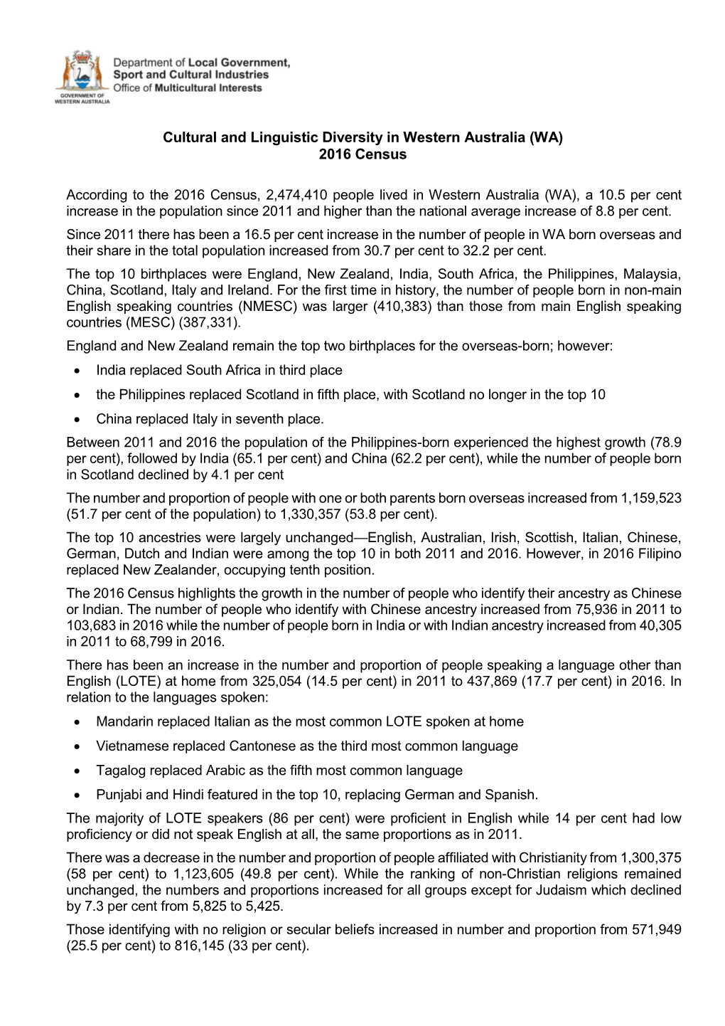 Cultural and Linguistic Diversity in Western Australia (WA) 2016 Census