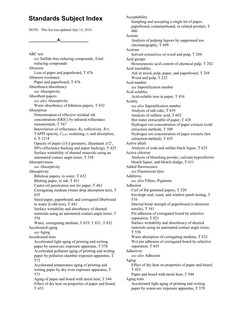 Standards Subject Index