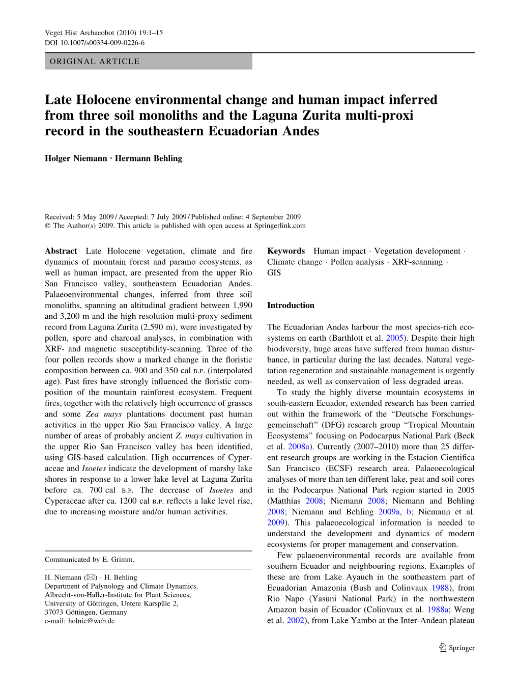 Late Holocene Environmental Change and Human Impact Inferred from Three Soil Monoliths and the Laguna Zurita Multi-Proxi Record in the Southeastern Ecuadorian Andes