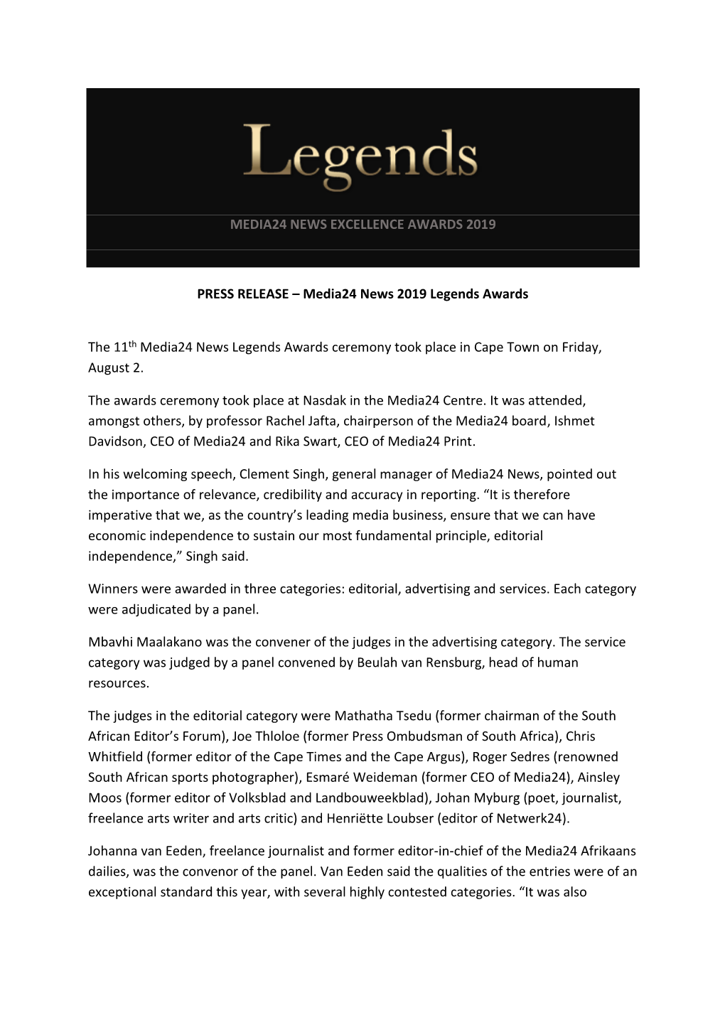 Media24 News Excellence Awards 2019 Press Release