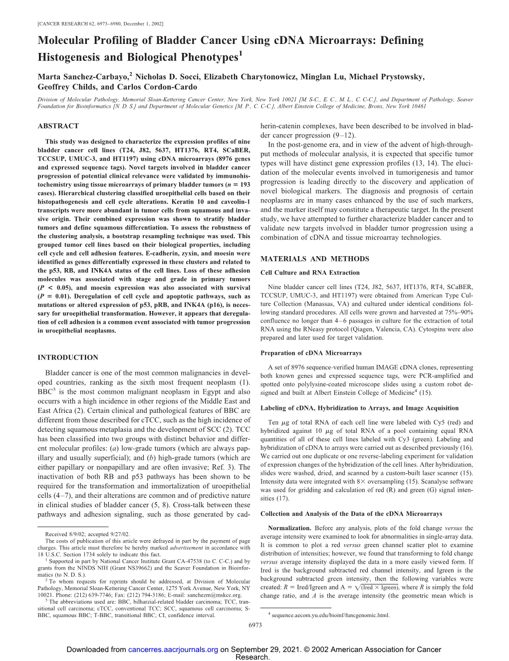 Molecular Profiling of Bladder Cancer Using Cdna Microarrays: Defining Histogenesis and Biological Phenotypes1