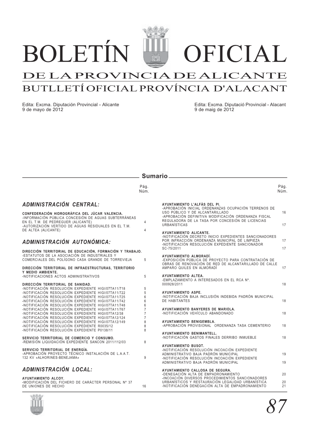 Boletín Oficial De La Provincia De Alicante Butlletí Oficial Província D'alacant