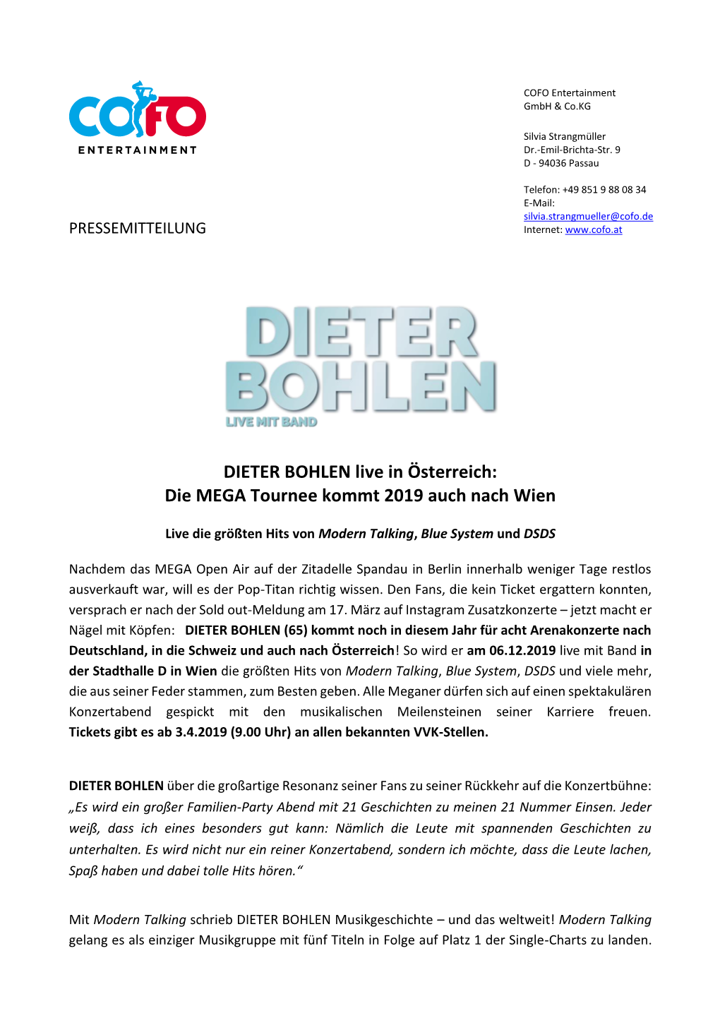 DIETER BOHLEN Live in Österreich: Die MEGA Tournee Kommt 2019 Auch Nach Wien