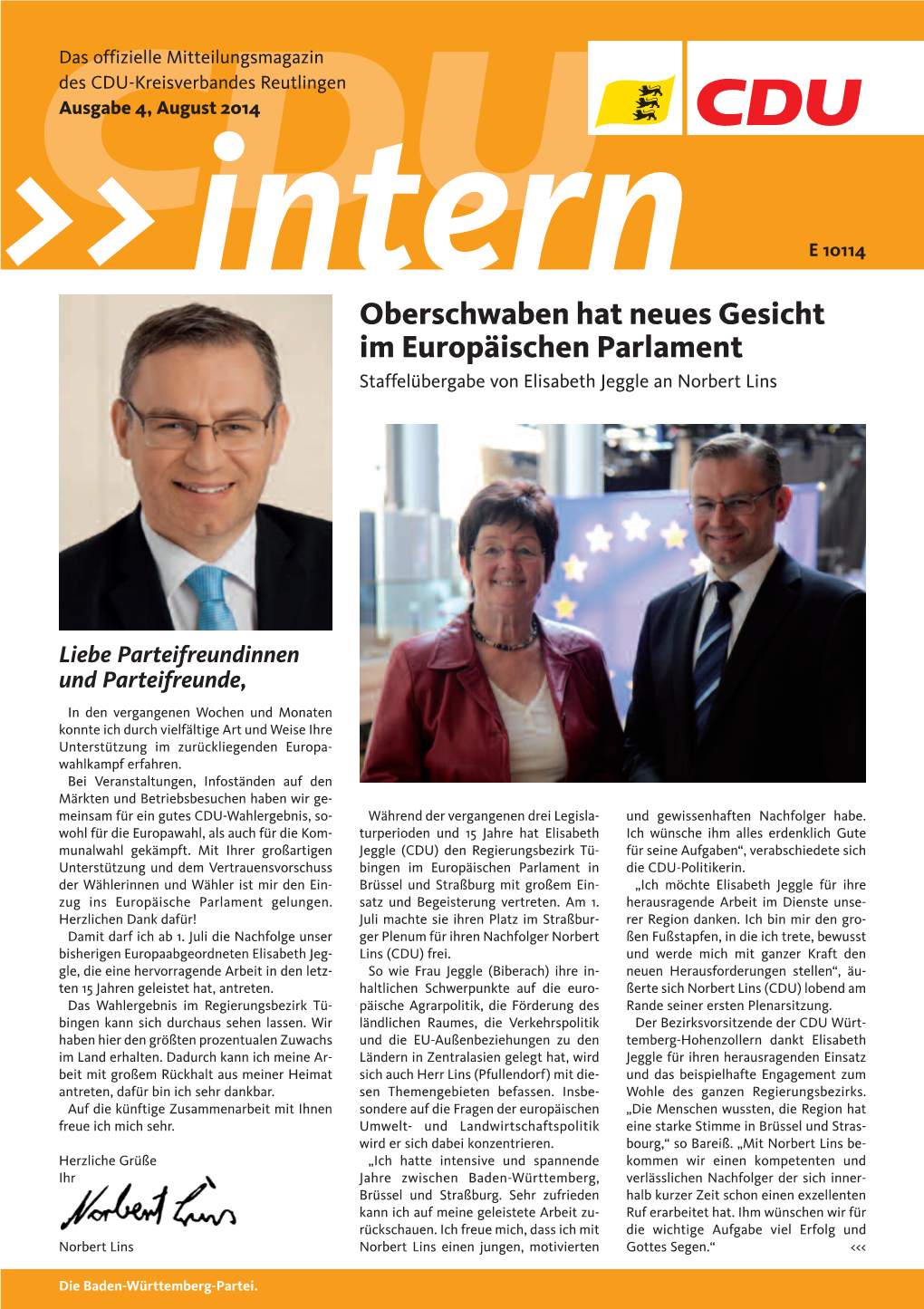 Intern E 10114 Oberschwaben Hat Neues Gesicht Im Europäischen Parlament Staffelübergabe Von Elisabeth Jeggle an Norbert Lins