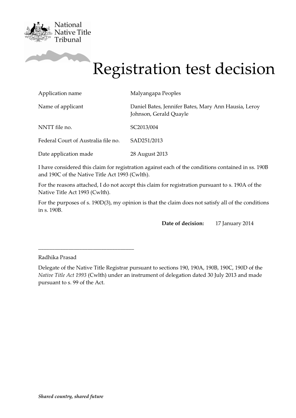 Registration Test Decision