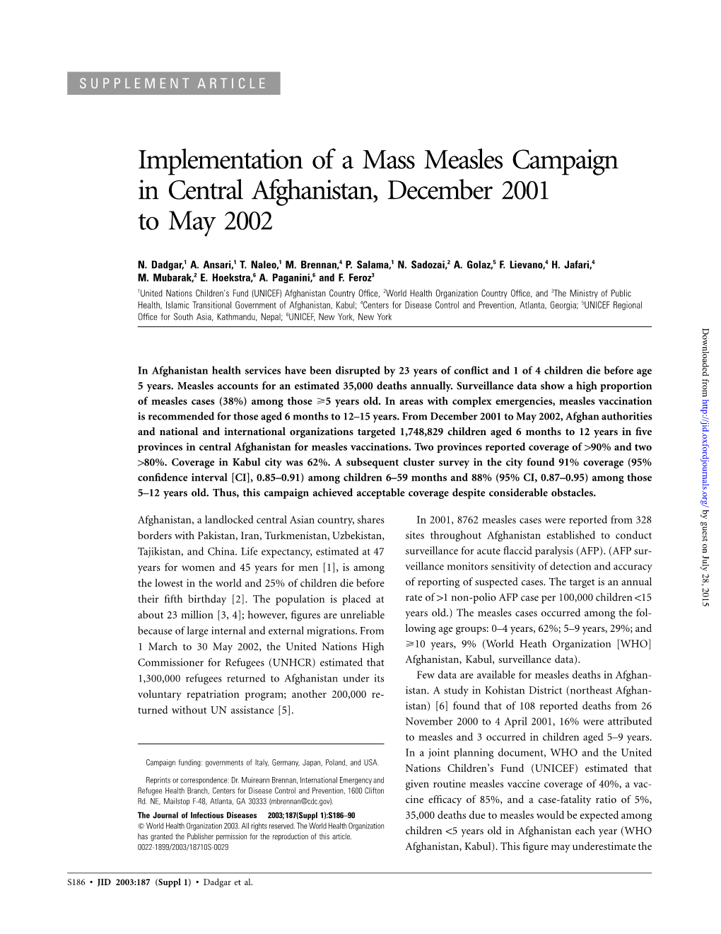 Implementation of a Mass Measles Campaign in Central Afghanistan, December 2001 to May 2002