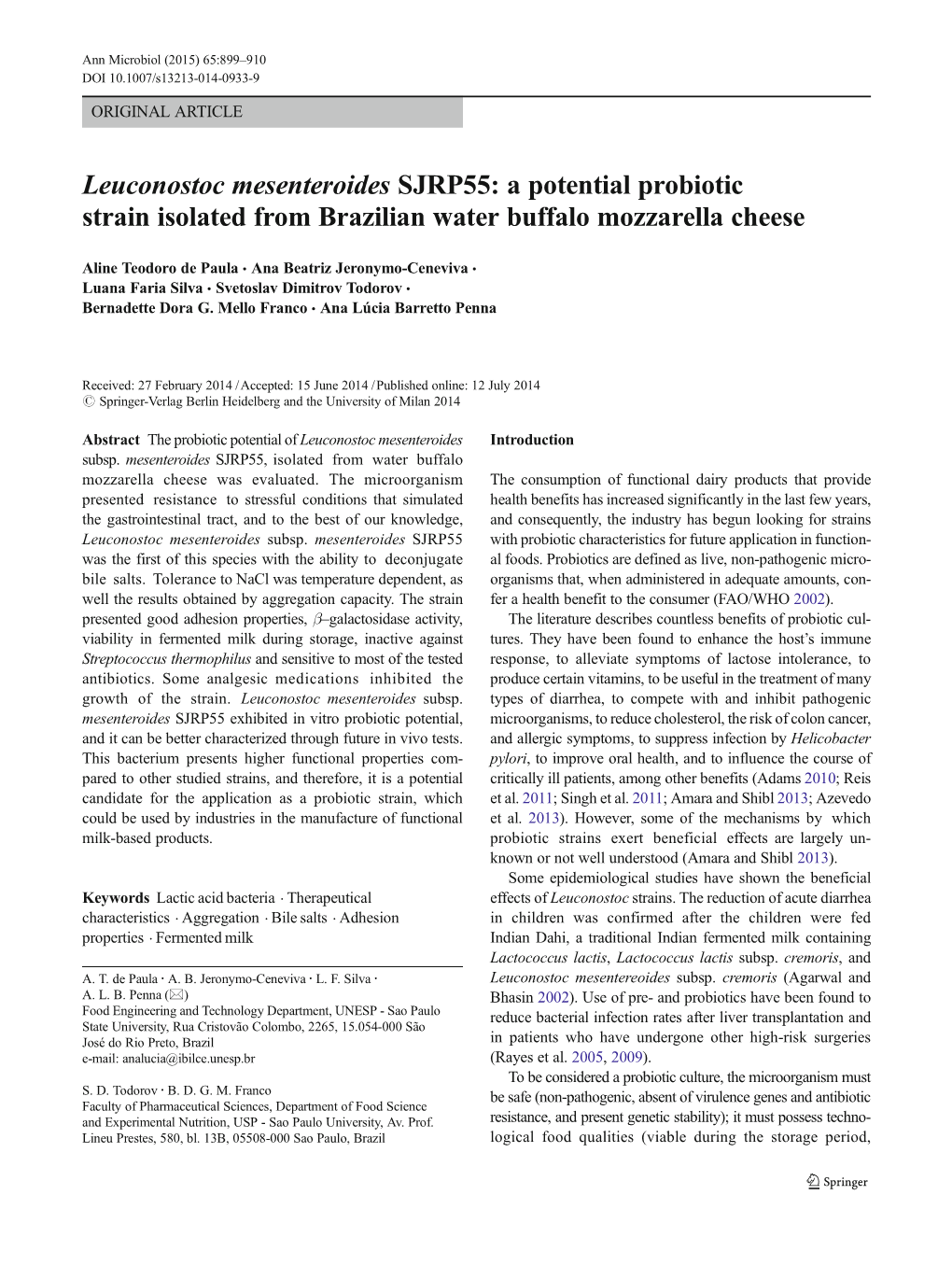 Leuconostoc Mesenteroides SJRP55: a Potential Probiotic Strain Isolated from Brazilian Water Buffalo Mozzarella Cheese
