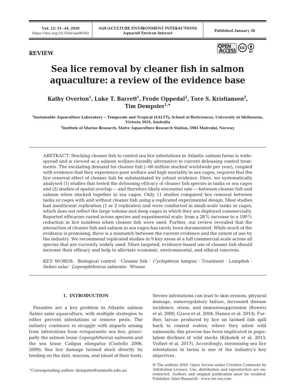 Sea Lice Removal by Cleaner Fish in Salmon Aquaculture: a Review of the Evidence Base