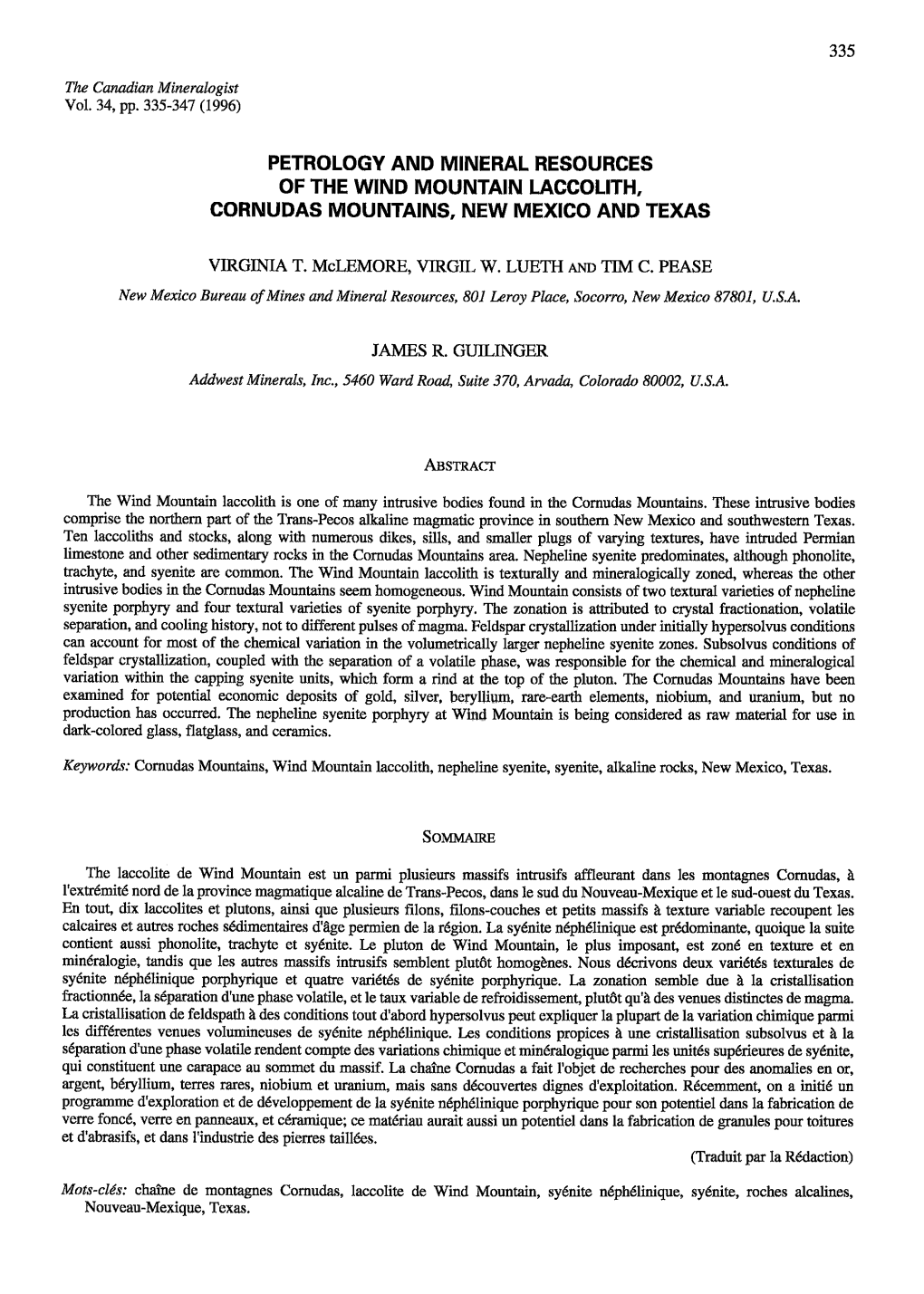 Petrology and Mineral Resources of the Wind Mountain Lagcolith, Cornudas