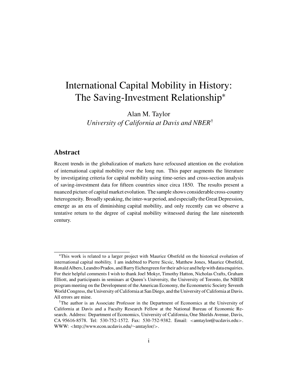 International Capital Mobility in History: the Saving-Investment Relationship∗