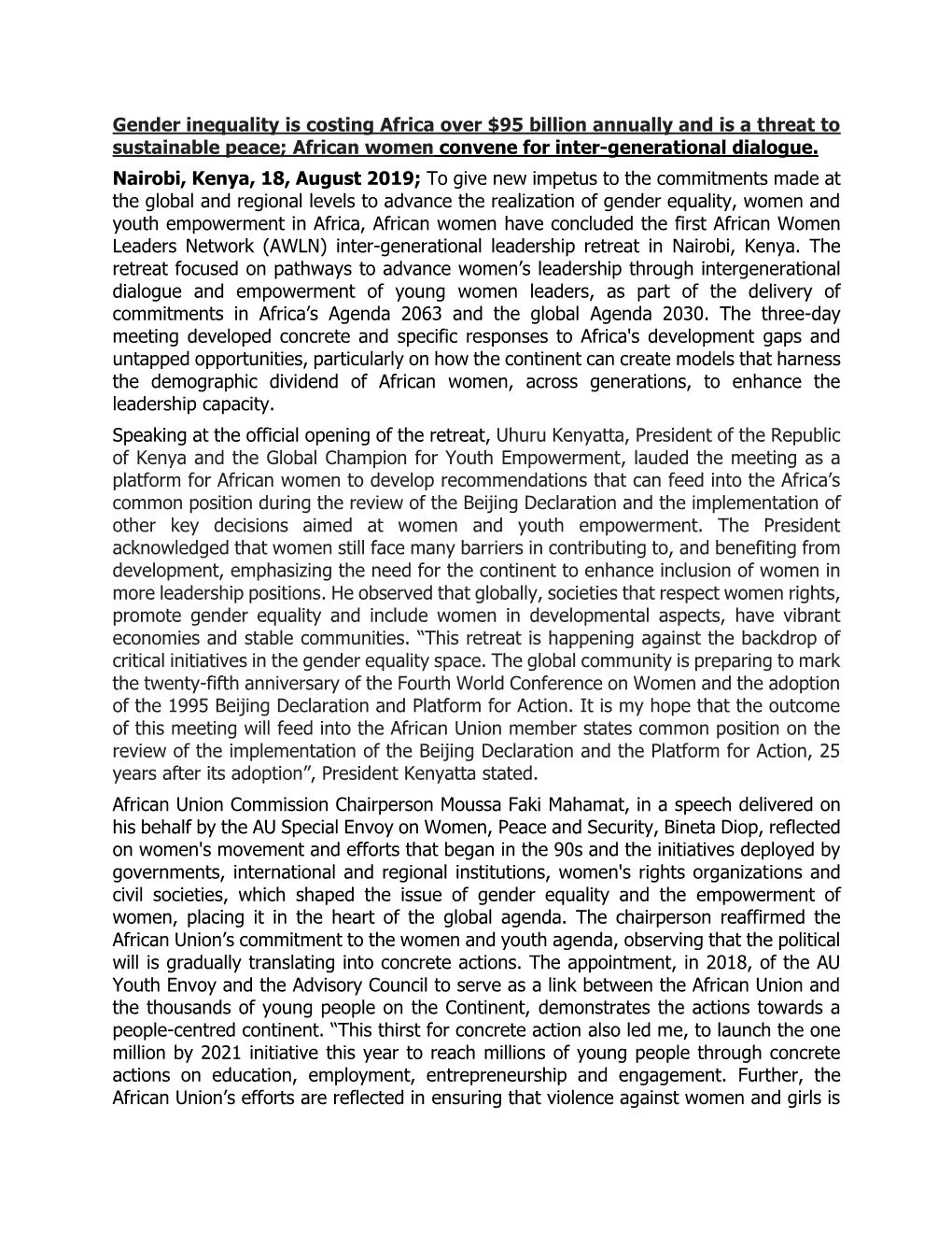 Gender Inequality Is Costing Africa Over $95 Billion Annually and Is a Threat to Sustainable Peace; African Women Convene for Inter-Generational Dialogue