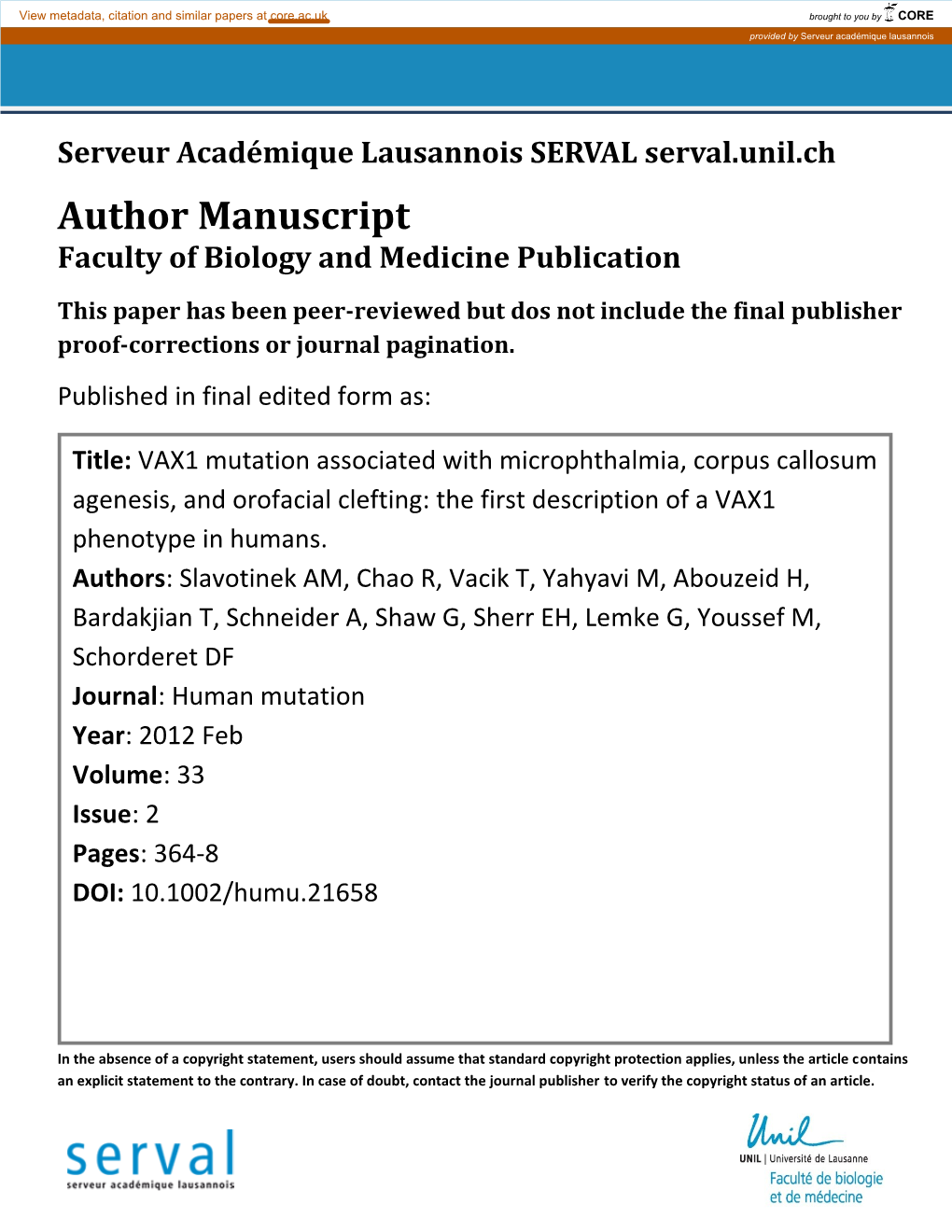 Author Manuscript Faculty of Biology and Medicine Publication