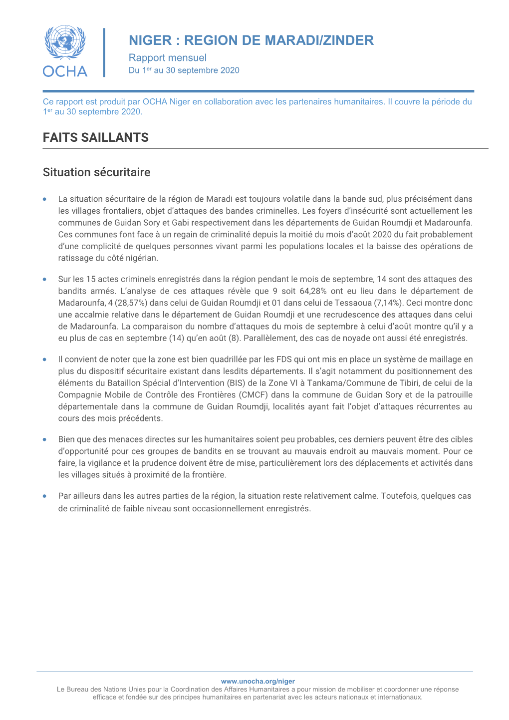 REGION DE MARADI/ZINDER Rapport Mensuel Er Du 1 Au 30 Septembre 2020