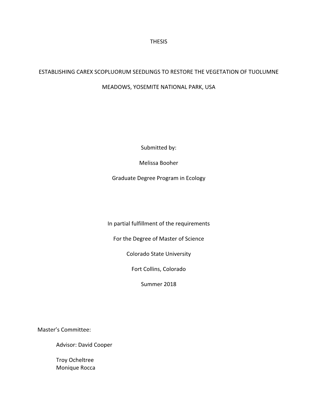 Thesis Establishing Carex Scopluorum Seedlings To