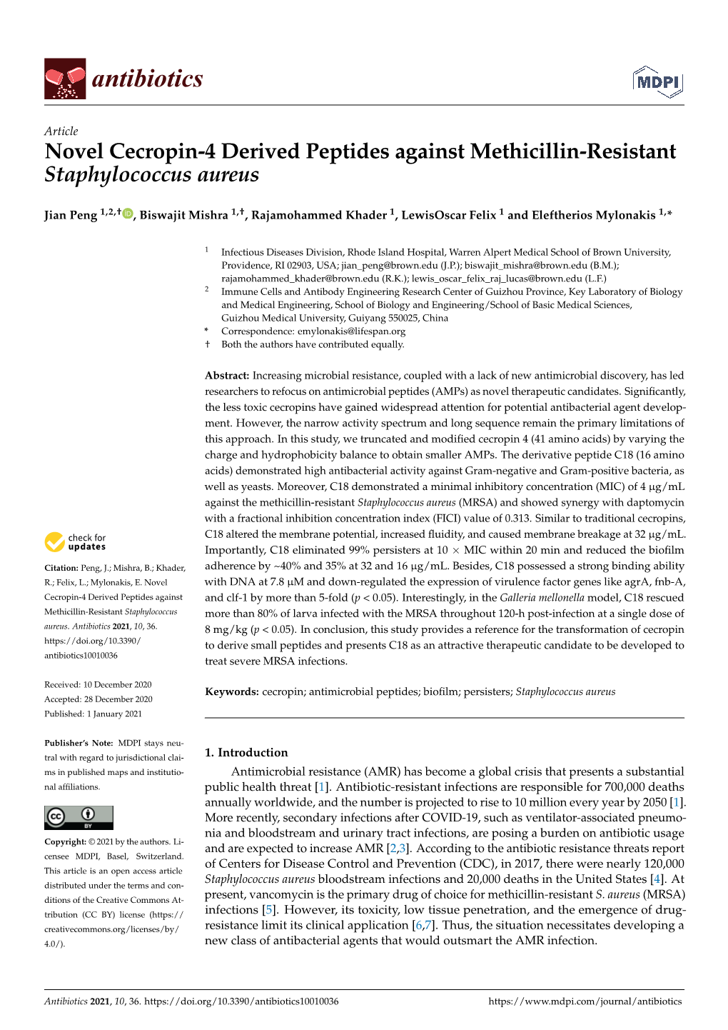 Novel Cecropin-4 Derived Peptides Against Methicillin-Resistant Staphylococcus Aureus